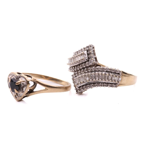 148 - A diamond multi-row cross over ring, set with baguette cut and single cut diamonds with a total esti... 