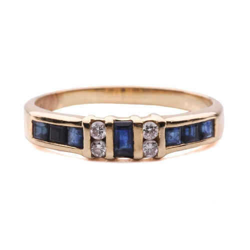15 - A sapphire and diamond half-hoop ring, segments channel-set with square table-cut sapphires, flanked... 
