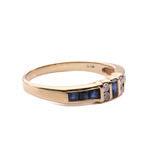 15 - A sapphire and diamond half-hoop ring, segments channel-set with square table-cut sapphires, flanked... 