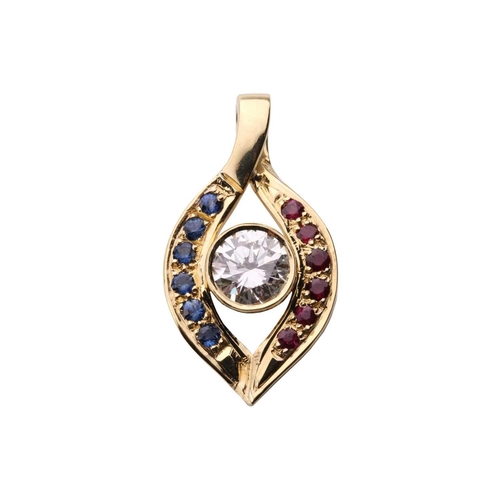 152 - A diamond, sapphire and ruby pendant, featuring a round brilliant cut diamond with an estimated weig... 