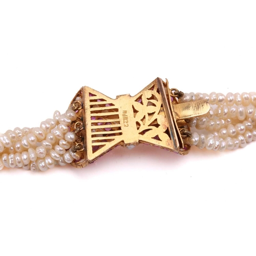 153 - A keshi pearl sautoir necklace with gem-set clasp, comprising five rows of keshi pearls, completed w... 