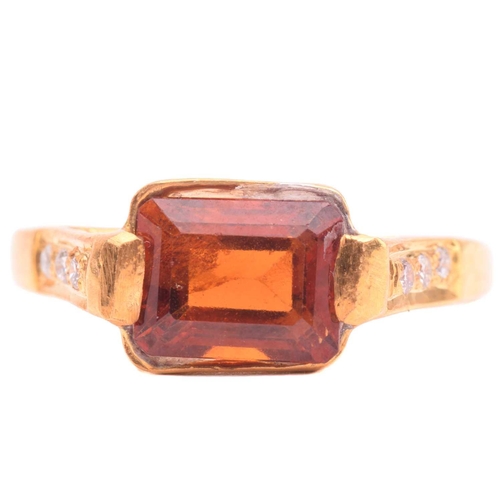 155 - A hessonite and diamond dress ring, an emerald-cut hessonite of 8.8 x 7.6 mm, in collet between diam... 