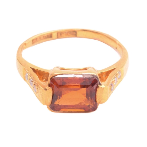 155 - A hessonite and diamond dress ring, an emerald-cut hessonite of 8.8 x 7.6 mm, in collet between diam... 