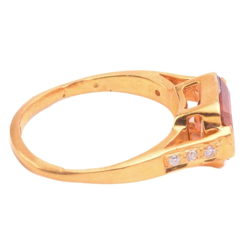 155 - A hessonite and diamond dress ring, an emerald-cut hessonite of 8.8 x 7.6 mm, in collet between diam... 