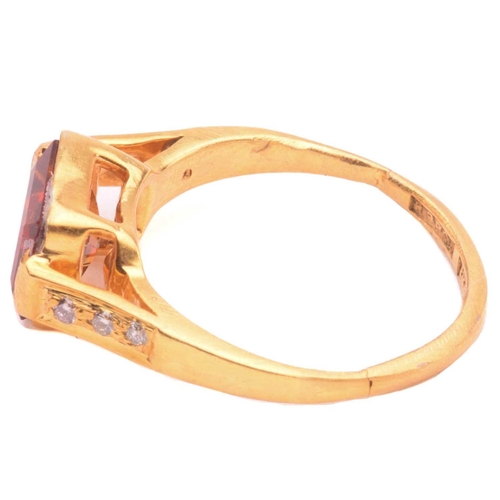 155 - A hessonite and diamond dress ring, an emerald-cut hessonite of 8.8 x 7.6 mm, in collet between diam... 