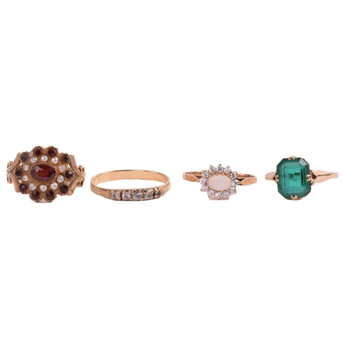 16 - A garnet and seed pearl cluster ring marked 18ct, ring size O, a paste 5-stone ring, ring size Q, an... 