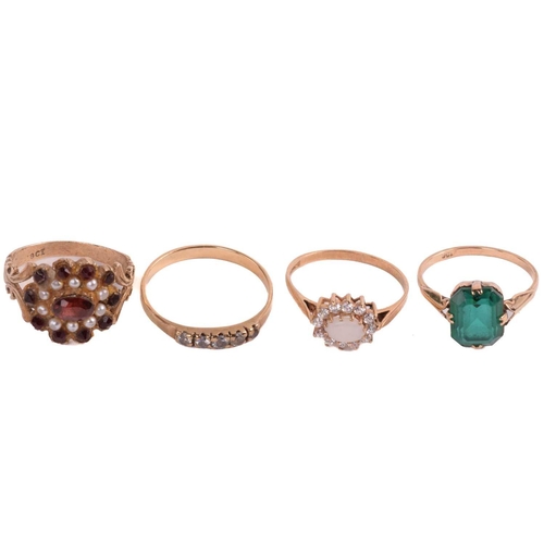 16 - A garnet and seed pearl cluster ring marked 18ct, ring size O, a paste 5-stone ring, ring size Q, an... 