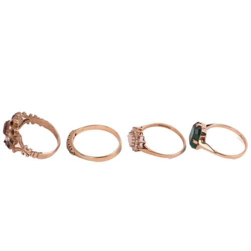 16 - A garnet and seed pearl cluster ring marked 18ct, ring size O, a paste 5-stone ring, ring size Q, an... 