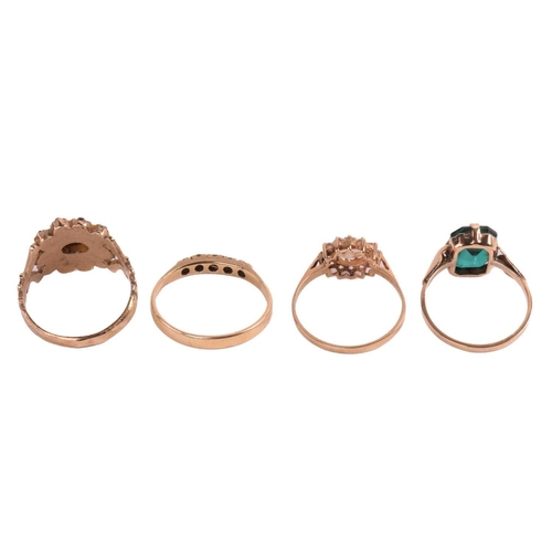 16 - A garnet and seed pearl cluster ring marked 18ct, ring size O, a paste 5-stone ring, ring size Q, an... 