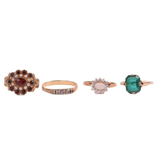 16 - A garnet and seed pearl cluster ring marked 18ct, ring size O, a paste 5-stone ring, ring size Q, an... 