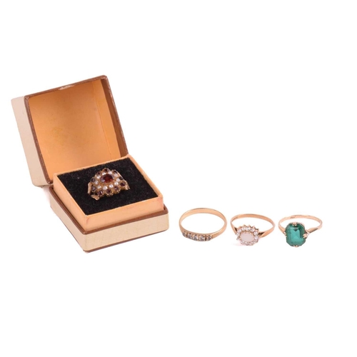 16 - A garnet and seed pearl cluster ring marked 18ct, ring size O, a paste 5-stone ring, ring size Q, an... 