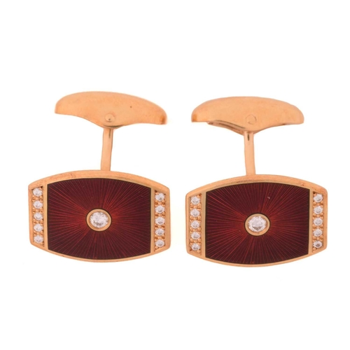 160 - A pair of Fabergé diamond and enamel cufflinks, in red guilloche enamel, set to the centre with a ro... 