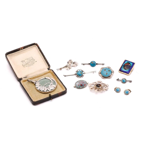 163 - A collection of Arts & Crafts jewellery; to include a shagreen-set silver pendant, of foliage design... 