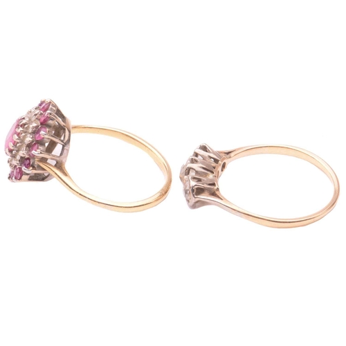164 - A three stone diamond ring together with a ruby and diamond cluster ring; the first set with a trio ... 