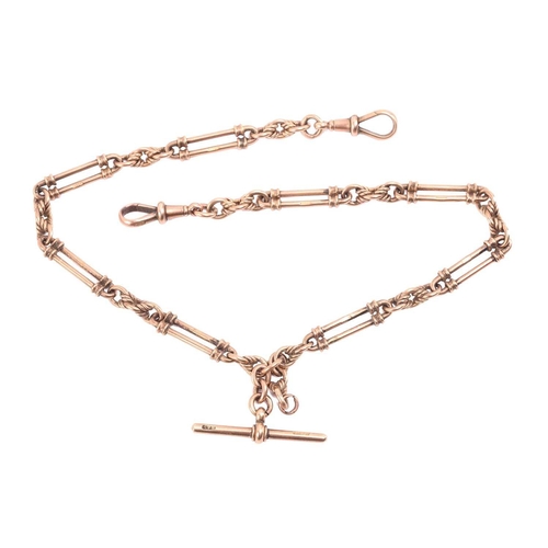 165 - A 9ct rose gold Albert chain, alternating with fetter links and double-bar links, equipped with T-ba... 