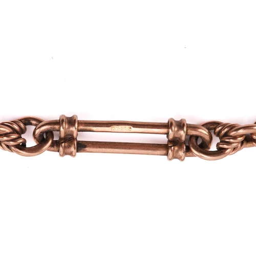 165 - A 9ct rose gold Albert chain, alternating with fetter links and double-bar links, equipped with T-ba... 