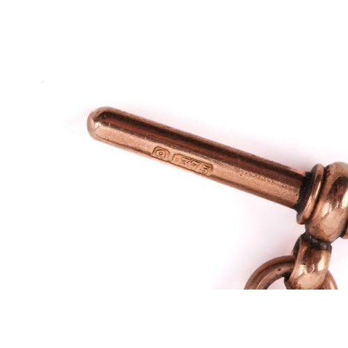 165 - A 9ct rose gold Albert chain, alternating with fetter links and double-bar links, equipped with T-ba... 