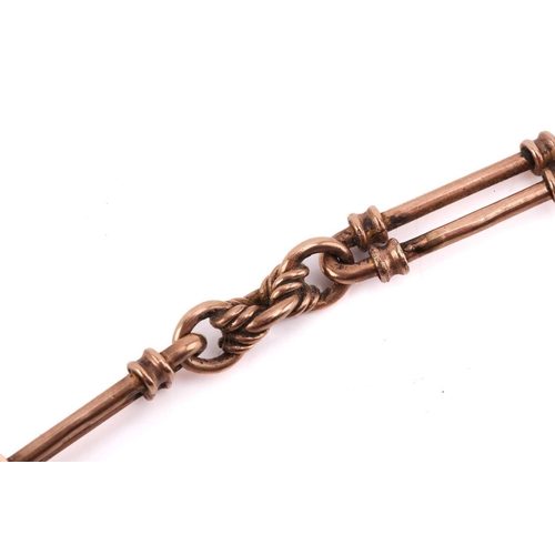 165 - A 9ct rose gold Albert chain, alternating with fetter links and double-bar links, equipped with T-ba... 