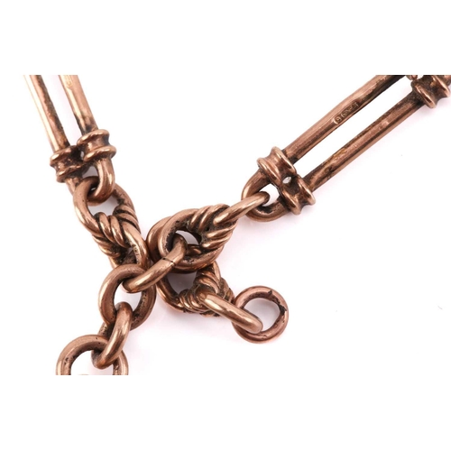 165 - A 9ct rose gold Albert chain, alternating with fetter links and double-bar links, equipped with T-ba... 