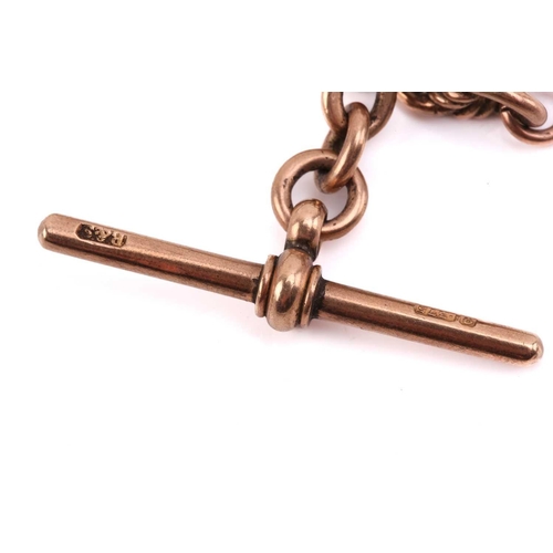 165 - A 9ct rose gold Albert chain, alternating with fetter links and double-bar links, equipped with T-ba... 