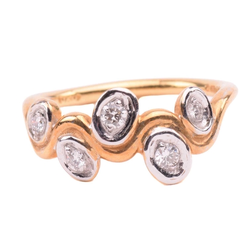 170 - A five stone diamond ring; the graduated round brilliant cut diamond in recessed bi-coloured 18 cara... 
