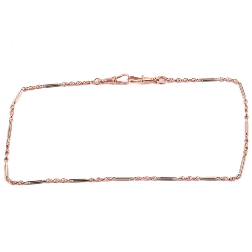 172 - A 9ct bi-coloured gold Albert chain, with fetter links and terminated with swivel clasps, British ha... 