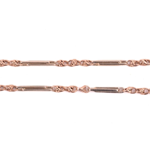 172 - A 9ct bi-coloured gold Albert chain, with fetter links and terminated with swivel clasps, British ha... 