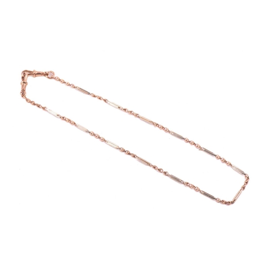172 - A 9ct bi-coloured gold Albert chain, with fetter links and terminated with swivel clasps, British ha... 