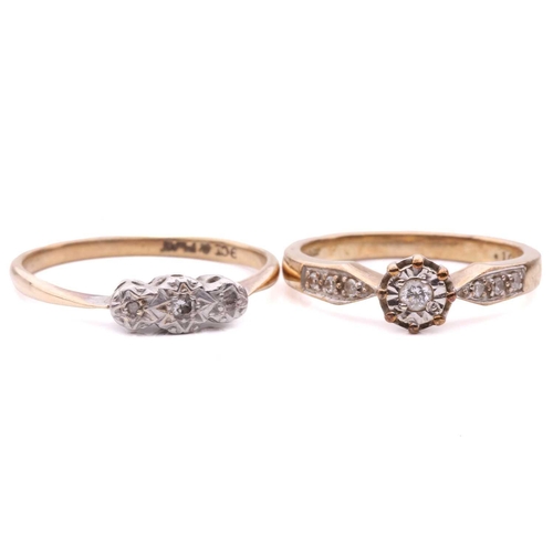 173 - Two diamond rings; the first set with a round brilliant cut diamond to the centre, with diamond set ... 