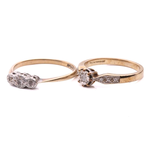 173 - Two diamond rings; the first set with a round brilliant cut diamond to the centre, with diamond set ... 