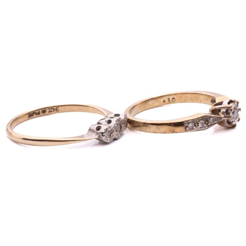 173 - Two diamond rings; the first set with a round brilliant cut diamond to the centre, with diamond set ... 