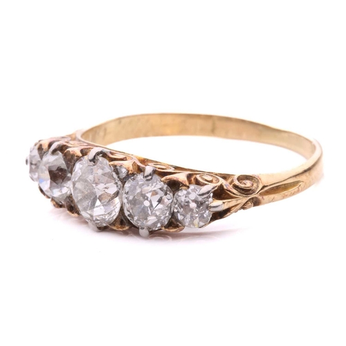 178 - A late Victorian diamond five stone ring, set with a graduated row of old cut diamonds, with a total... 
