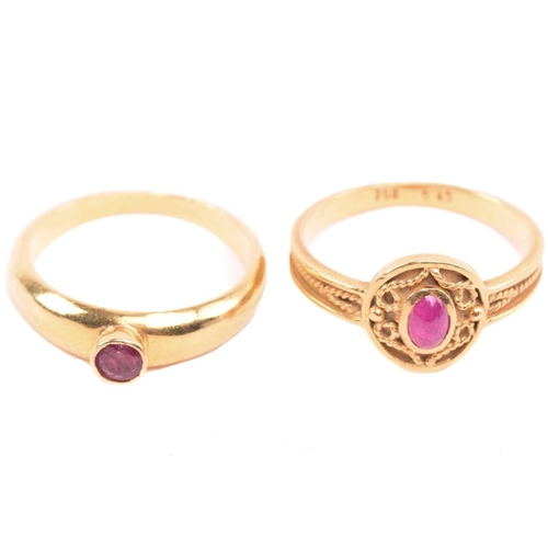 180 - A ruby ring, set with an oval cabochon ruby to the centre, with filigree decoration surround and fur... 