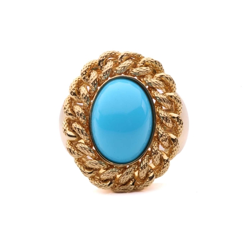 2 - A turquoise dress ring, centred with an oval turquoise cabochon, collet set within a textured curb l... 