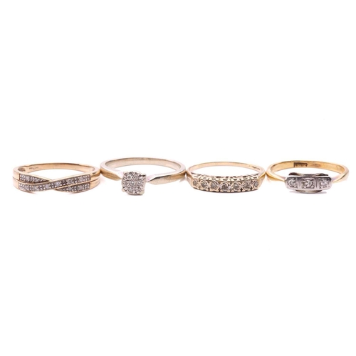 24 - Four diamond rings; a three stone ring with a total estimated diamond weight of 0.06ct, marked 18ct,... 