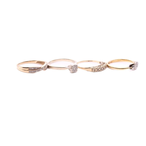 24 - Four diamond rings; a three stone ring with a total estimated diamond weight of 0.06ct, marked 18ct,... 