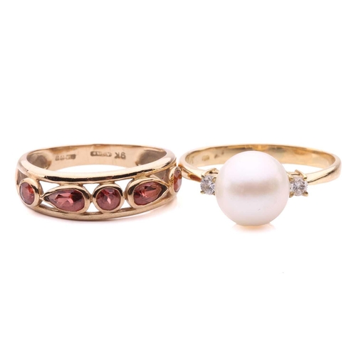 246 - A garnet ring in 9ct gold together with a pearl ring; the first alternating with pear-cuts and circu... 