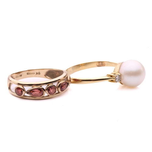 246 - A garnet ring in 9ct gold together with a pearl ring; the first alternating with pear-cuts and circu... 