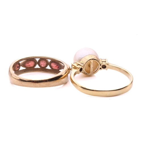 246 - A garnet ring in 9ct gold together with a pearl ring; the first alternating with pear-cuts and circu... 