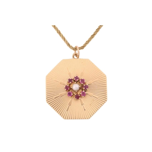 257 - A ruby and pearl cluster pendant on chain, the octagonal pendant centred with a ruby and pearl clust... 