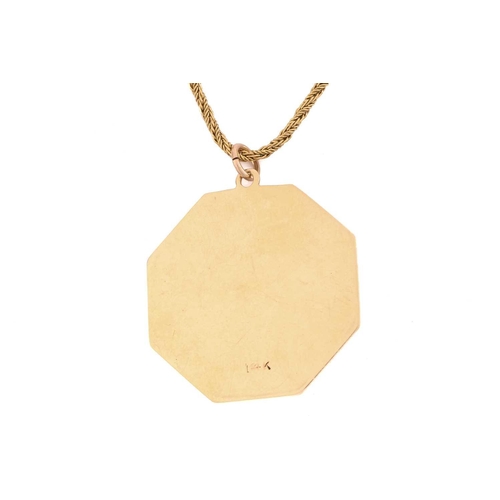 257 - A ruby and pearl cluster pendant on chain, the octagonal pendant centred with a ruby and pearl clust... 