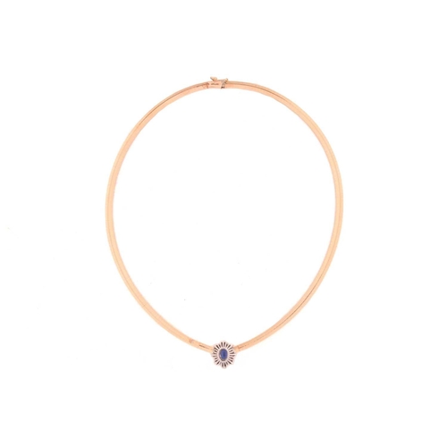 26 - A tanzanite and diamond cluster necklace, centred with an oval-cut tanzanite of 7.1 x 5.1 mm, within... 
