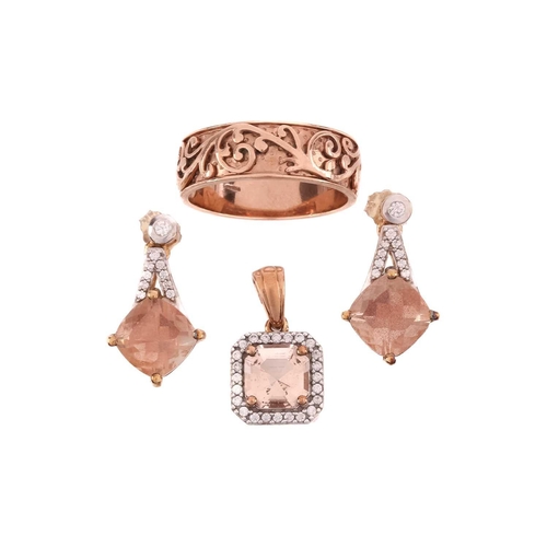 261 - A morganite pendant, a pair of sunstone drop earrings and a 9ct rose gold ring; the pendant centred ... 