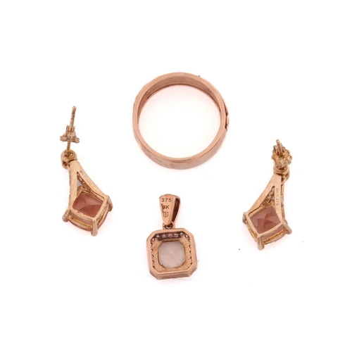 261 - A morganite pendant, a pair of sunstone drop earrings and a 9ct rose gold ring; the pendant centred ... 