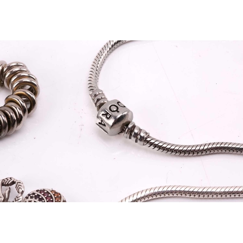 263 - Pandora and Links of London silver charm bracelets and few others; comprising two snake chain Pandor... 