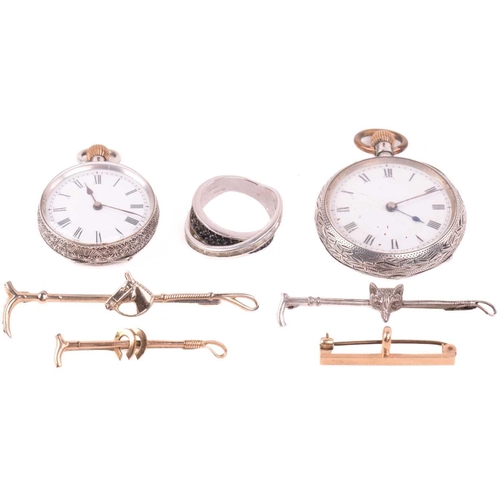 268 - A small collection of items, including two Swiss 935 ladies keyless fob watches with bar movements, ... 