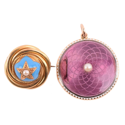 283 - A guilloché enamel locket and a Victorian enamel brooch; the locket pendant of circular shape with m... 