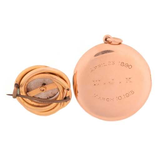283 - A guilloché enamel locket and a Victorian enamel brooch; the locket pendant of circular shape with m... 