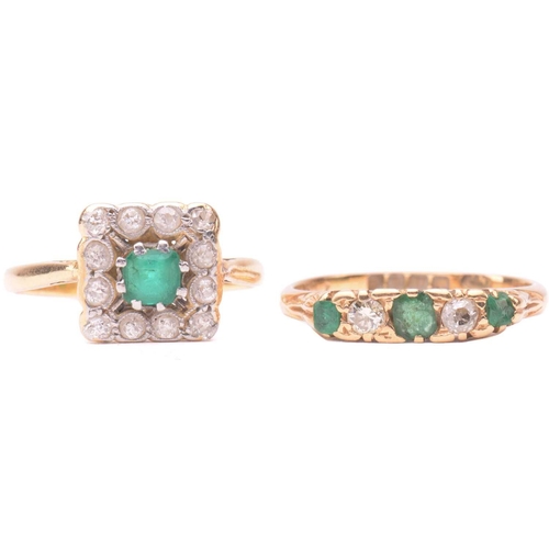 285 - An 18 carat gold and diamond half hoop ring; the graduated circular cut emeralds and round brilliant... 