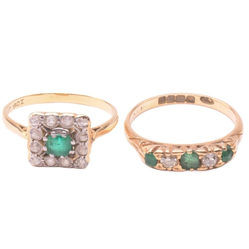 285 - An 18 carat gold and diamond half hoop ring; the graduated circular cut emeralds and round brilliant... 